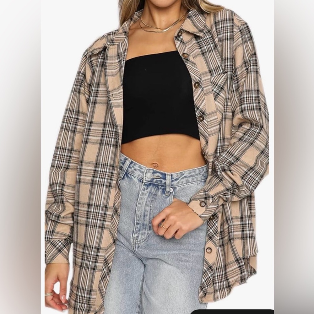 Plaid Button-Up Shirt - Tan and Black Size Small